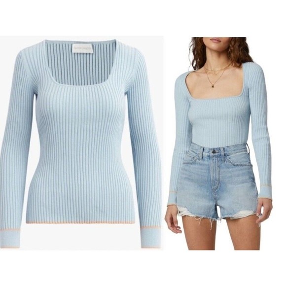 Favorite Daughter Baby Blue Long Sleeve 85%Cotton Square Neck Women's TOP XS - Picture 1 of 11